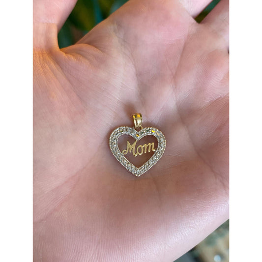 Solid 10k White & Yellow Gold Diamond Cut Mom Heart Charm