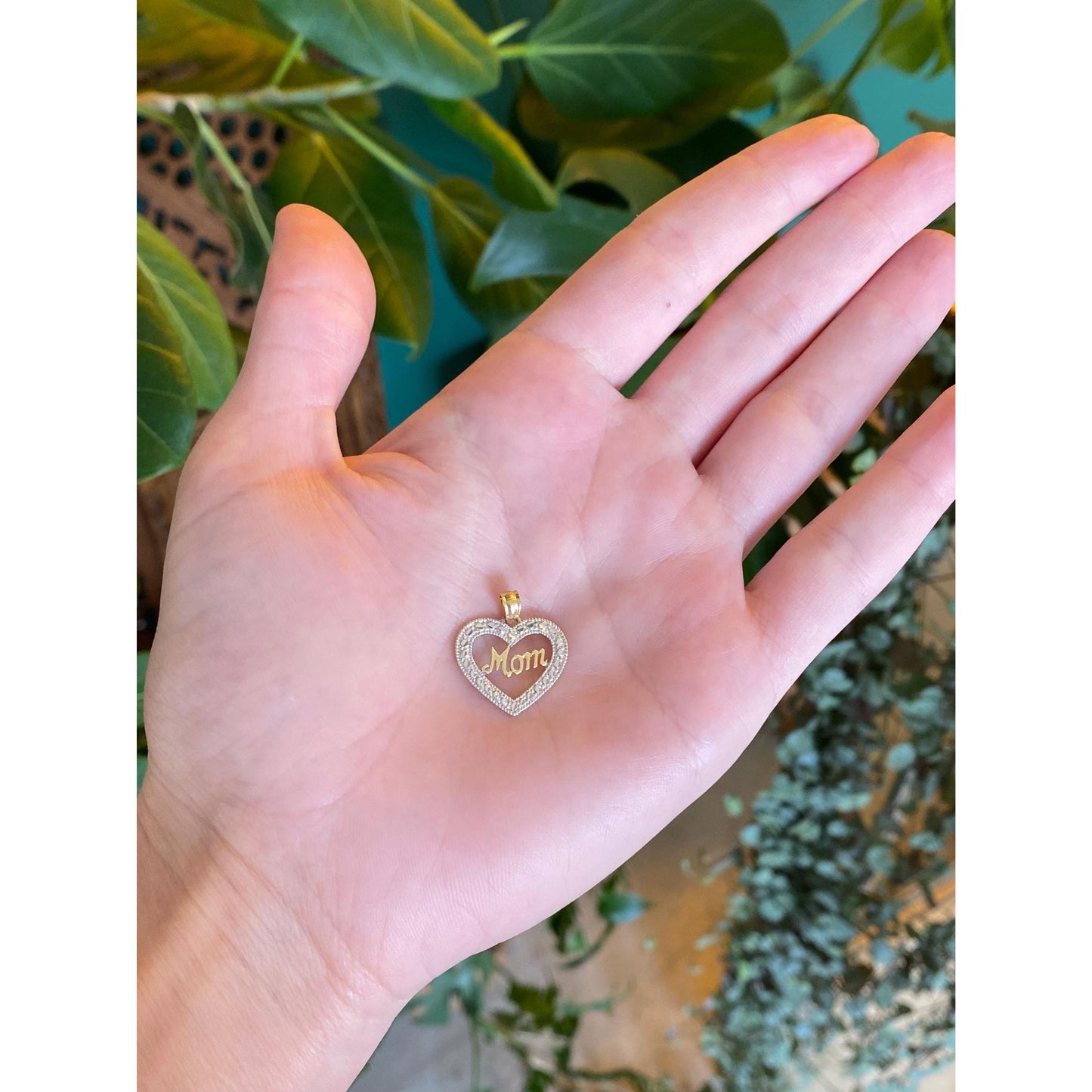 Solid 10k White & Yellow Gold Diamond Cut Mom Heart Charm