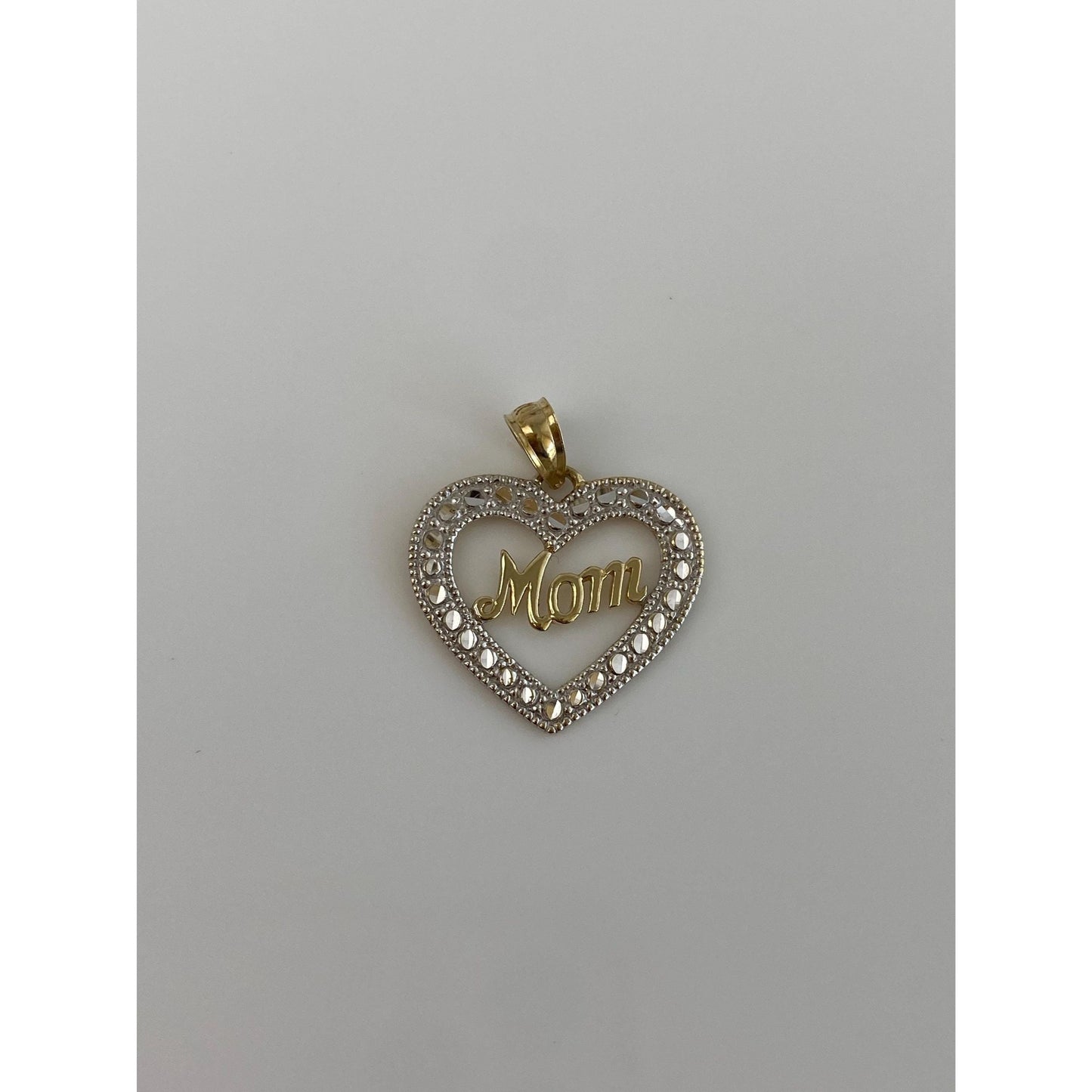 Solid 10k White & Yellow Gold Diamond Cut Mom Heart Charm