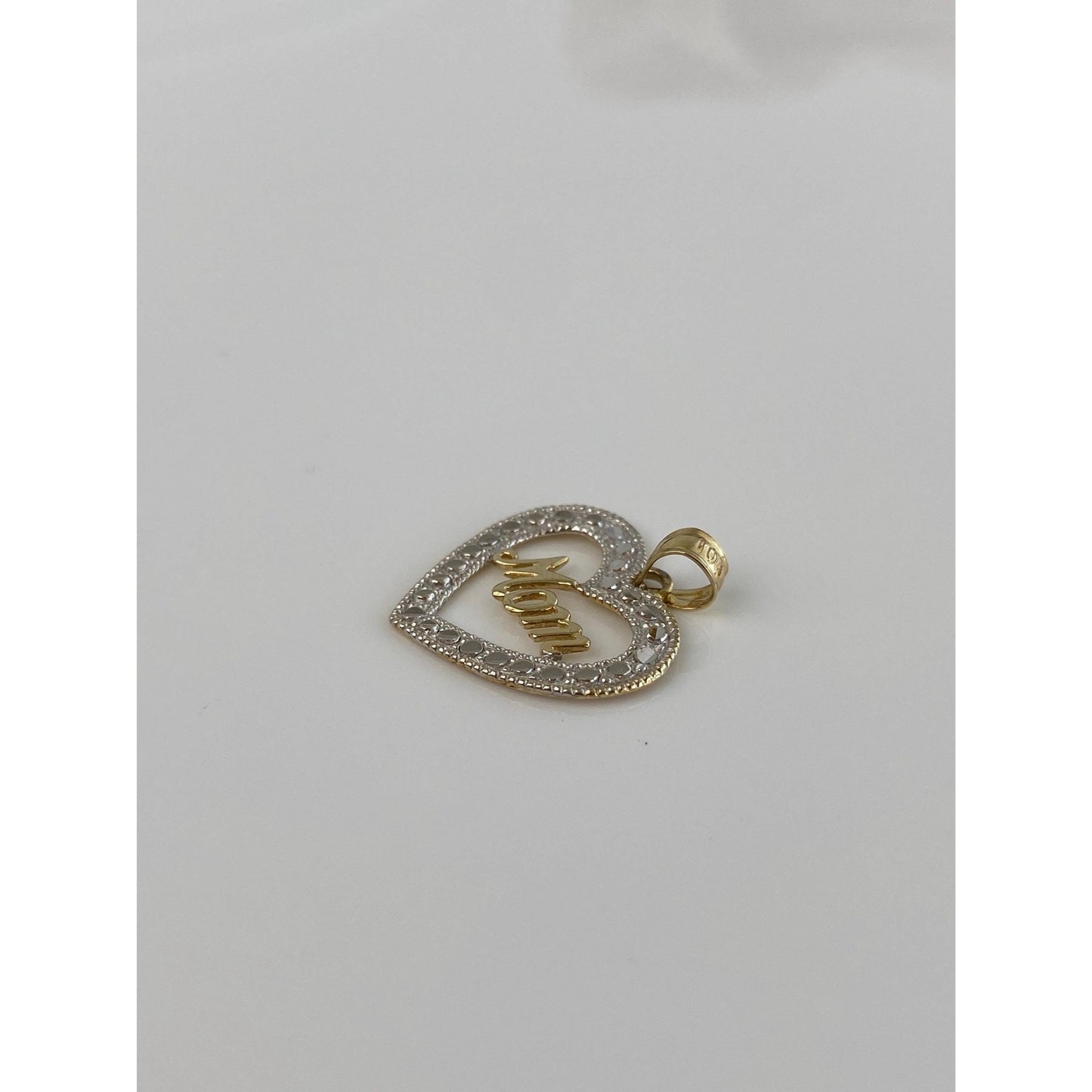 Solid 10k White & Yellow Gold Diamond Cut Mom Heart Charm