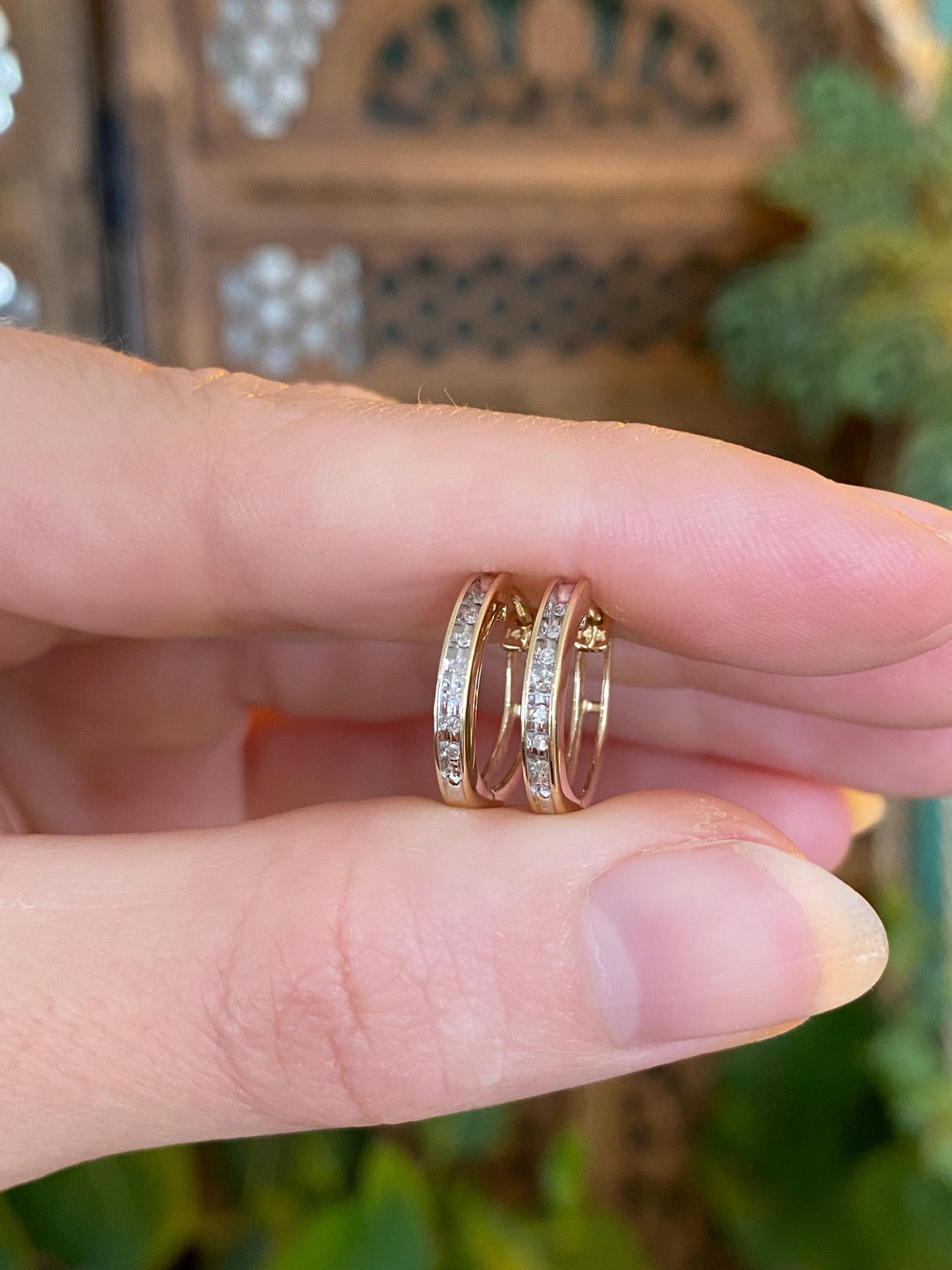 Vintage Solid 14k Yellow Gold Diamond Hoop Earrings