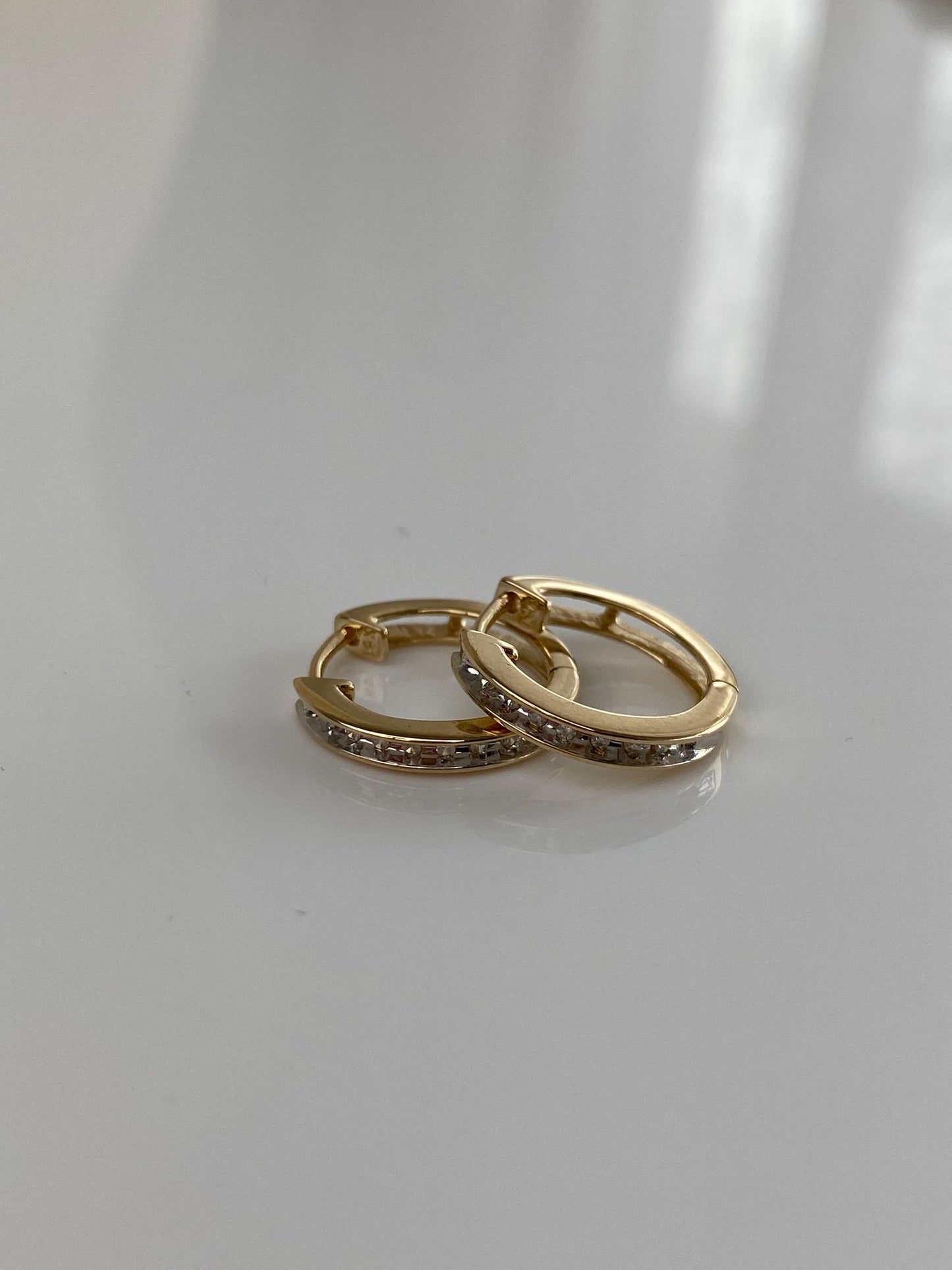 Vintage Solid 14k Yellow Gold Diamond Hoop Earrings