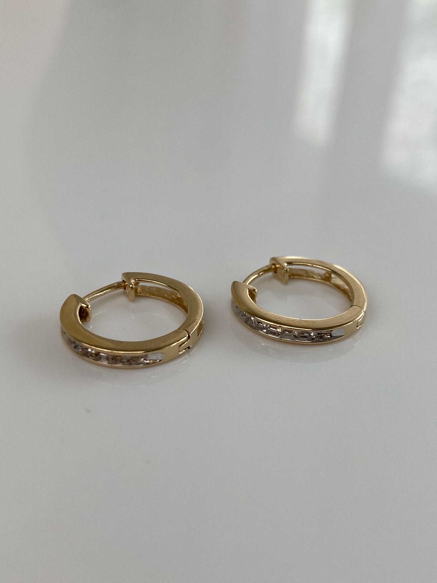Vintage Solid 14k Yellow Gold Diamond Hoop Earrings
