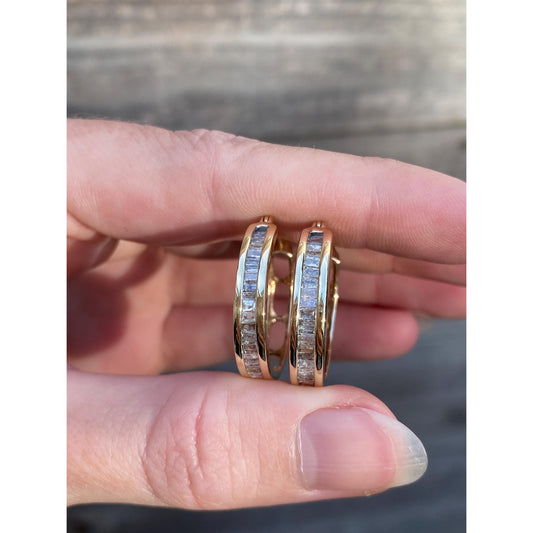 Vintage Solid 10k Yellow Gold Diamond Hoop Earrings