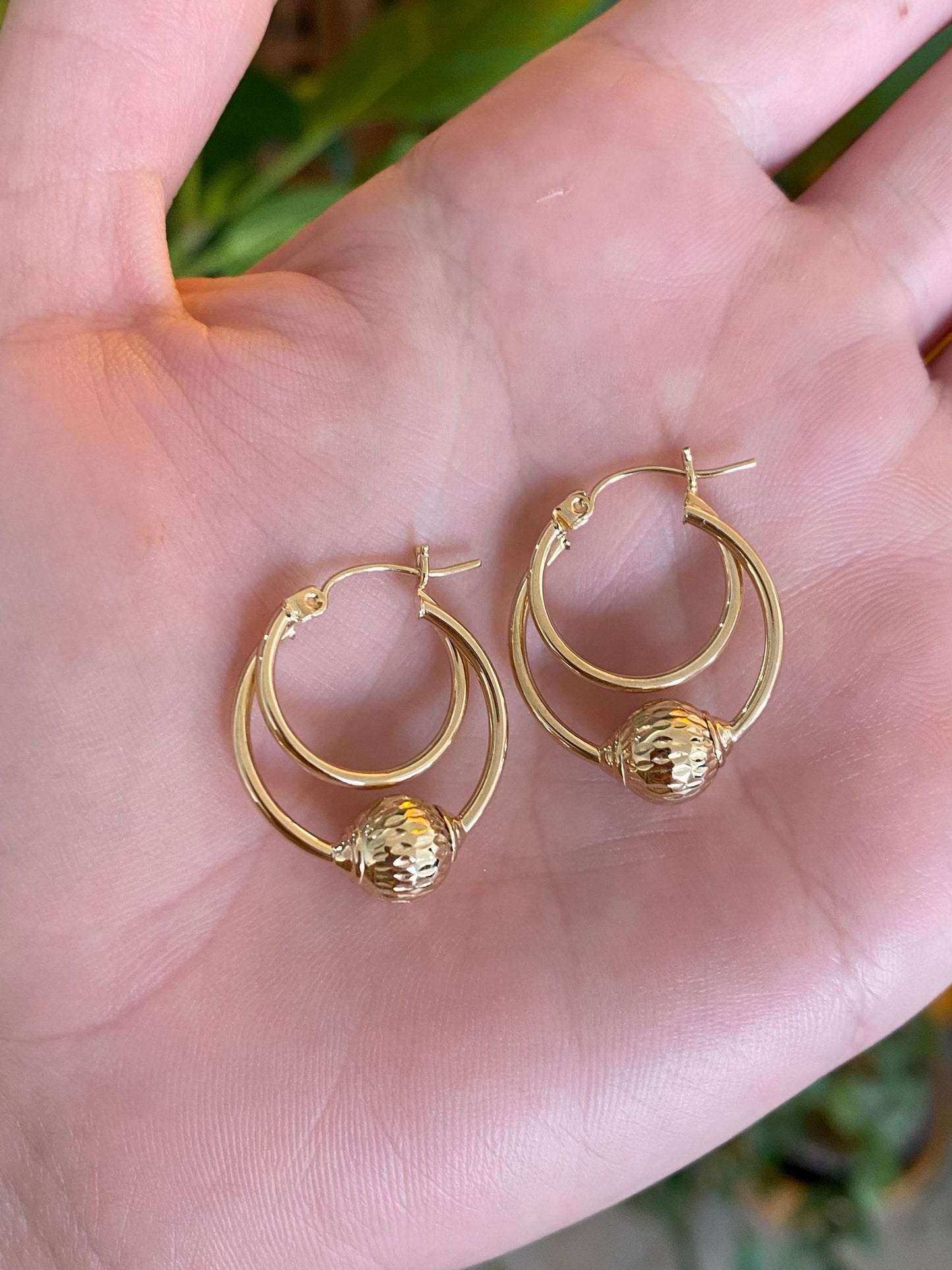 Vintage 14k Yellow Gold Layered Diamond Cut Ball Hoop Earrings