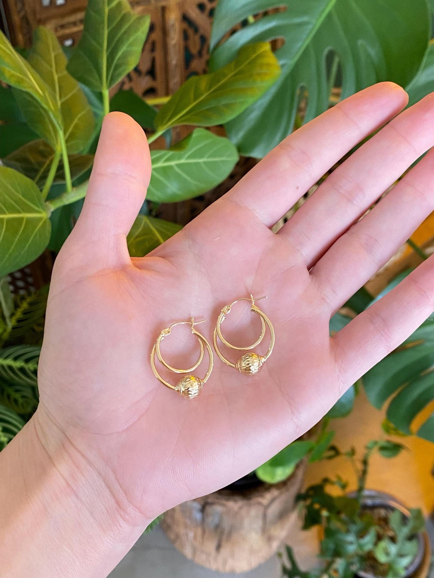 Vintage 14k Yellow Gold Layered Diamond Cut Ball Hoop Earrings