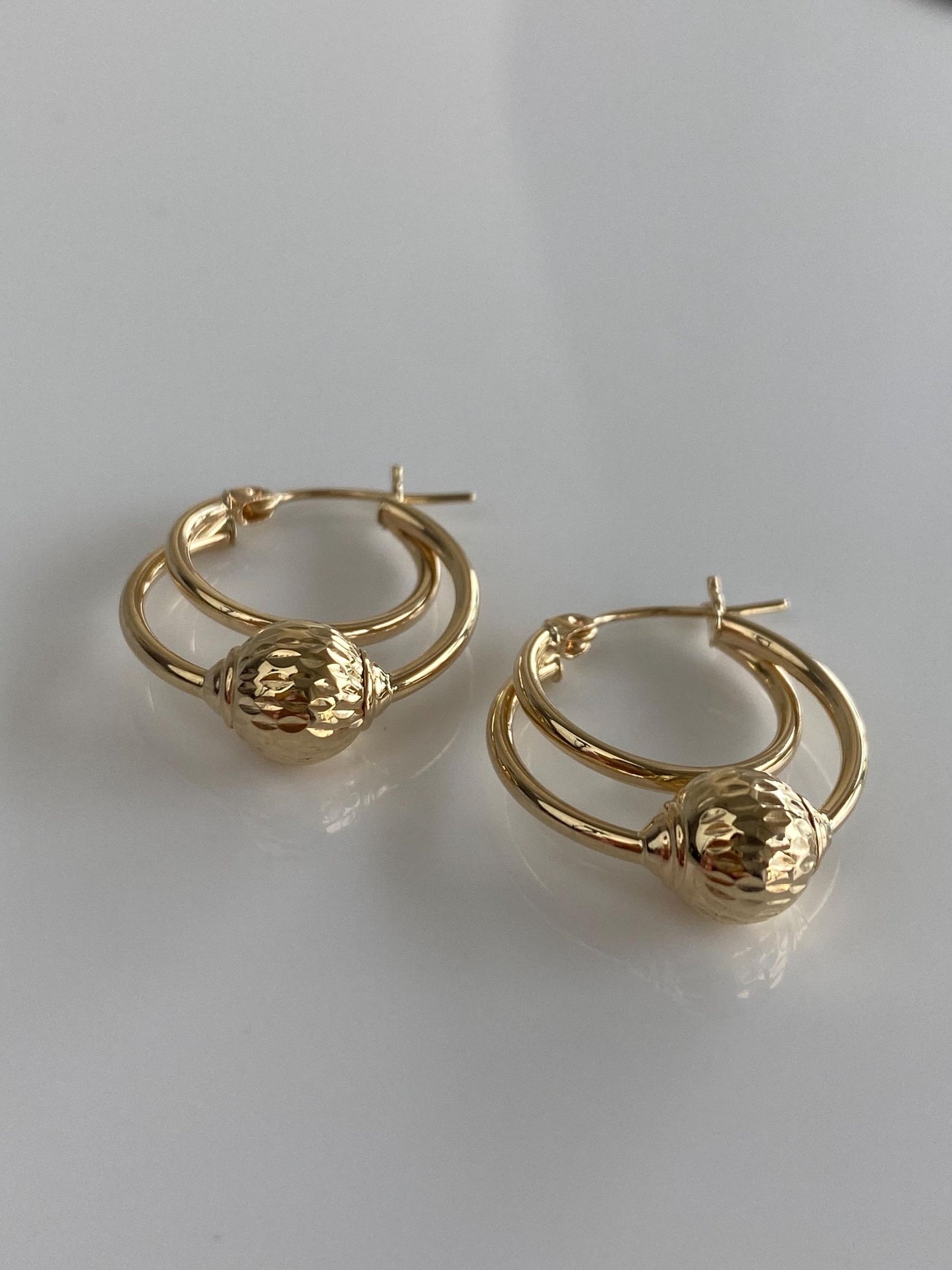Vintage 14k Yellow Gold Layered Diamond Cut Ball Hoop Earrings