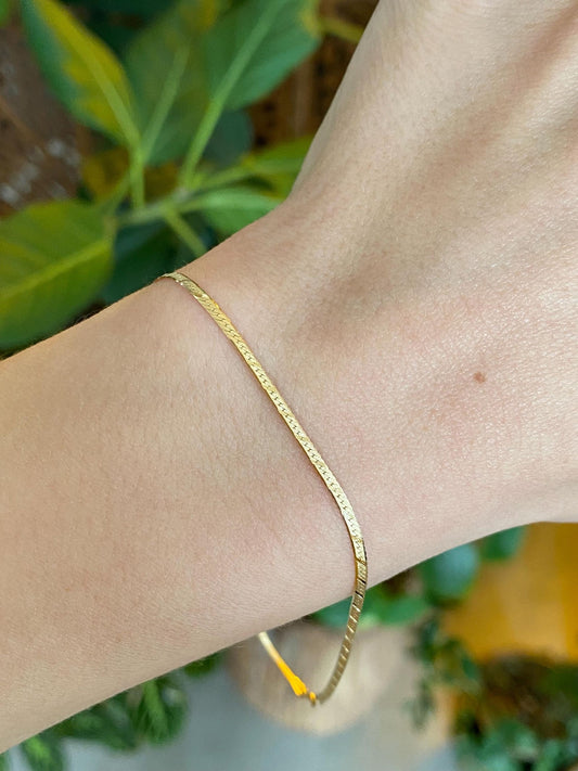 Vintage Solid 14k Yellow Gold Pattern Flat Chain Bracelet Anklet - 8.75 inches