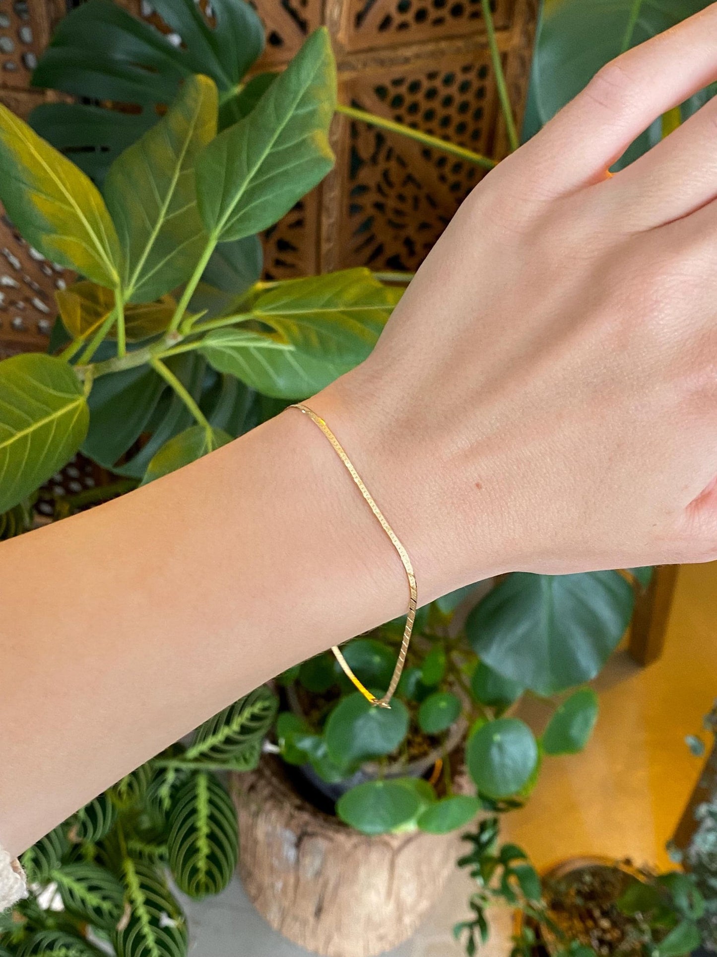 Vintage Solid 14k Yellow Gold Pattern Flat Chain Bracelet Anklet - 8.75 inches
