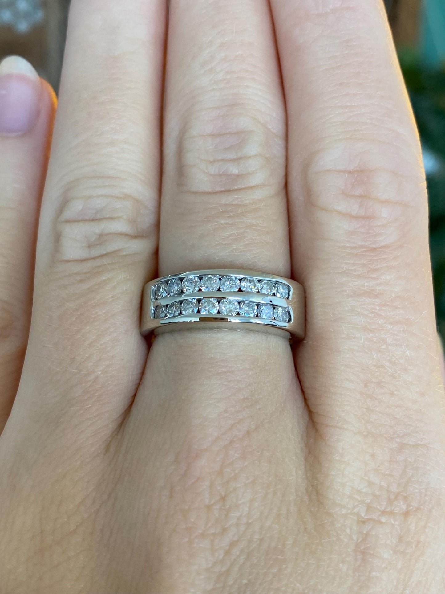 Vintage Solid 14k White Gold Diamond Rows Ring Band - Size 6.5