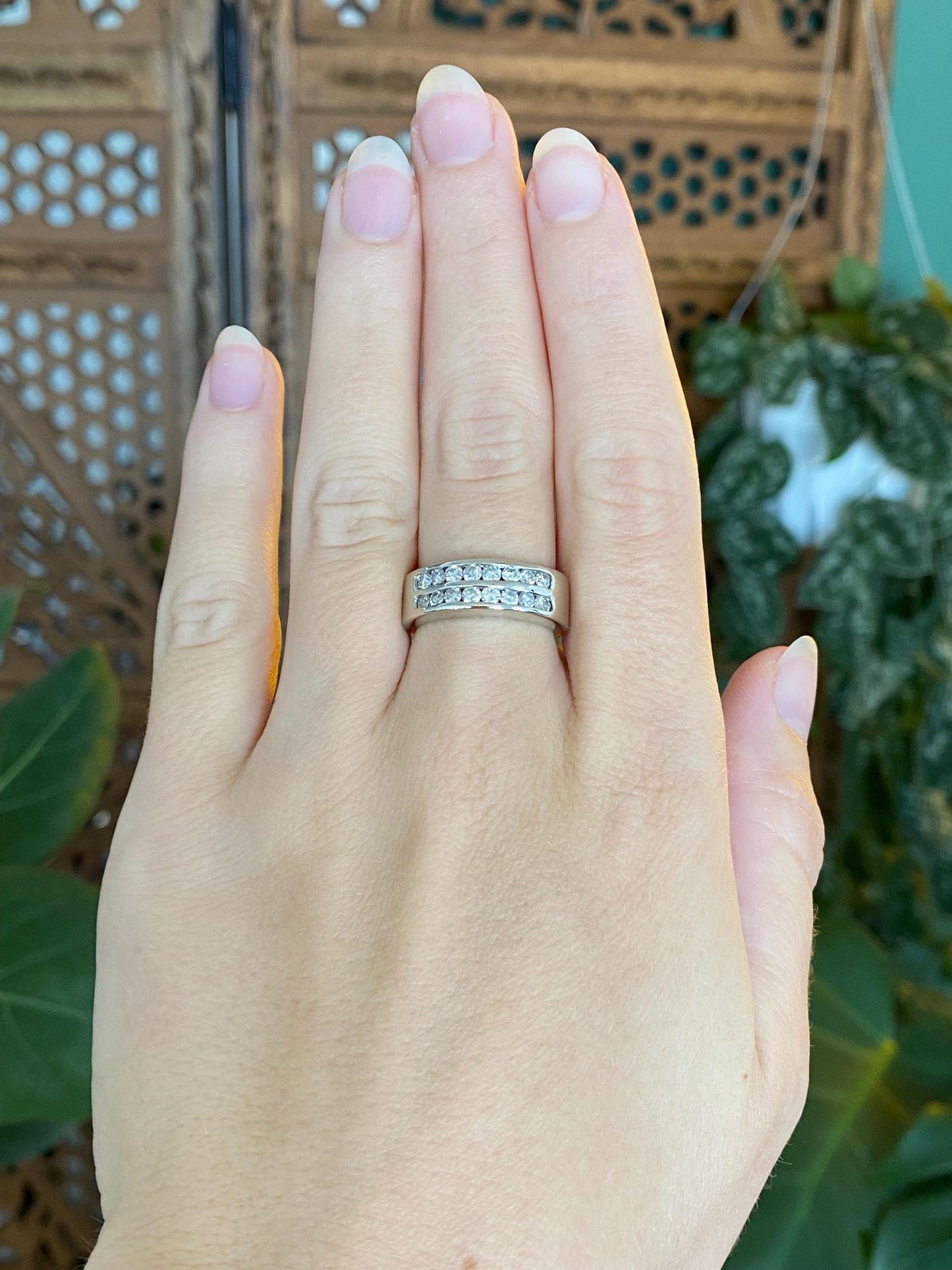 Vintage Solid 14k White Gold Diamond Rows Ring Band - Size 6.5