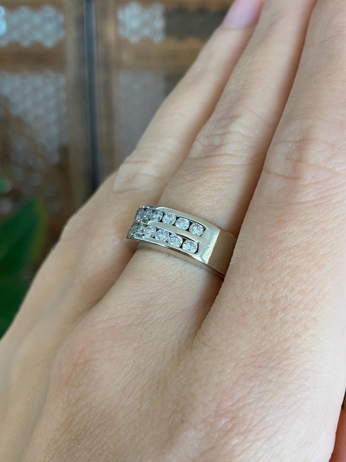 Vintage Solid 14k White Gold Diamond Rows Ring Band - Size 6.5