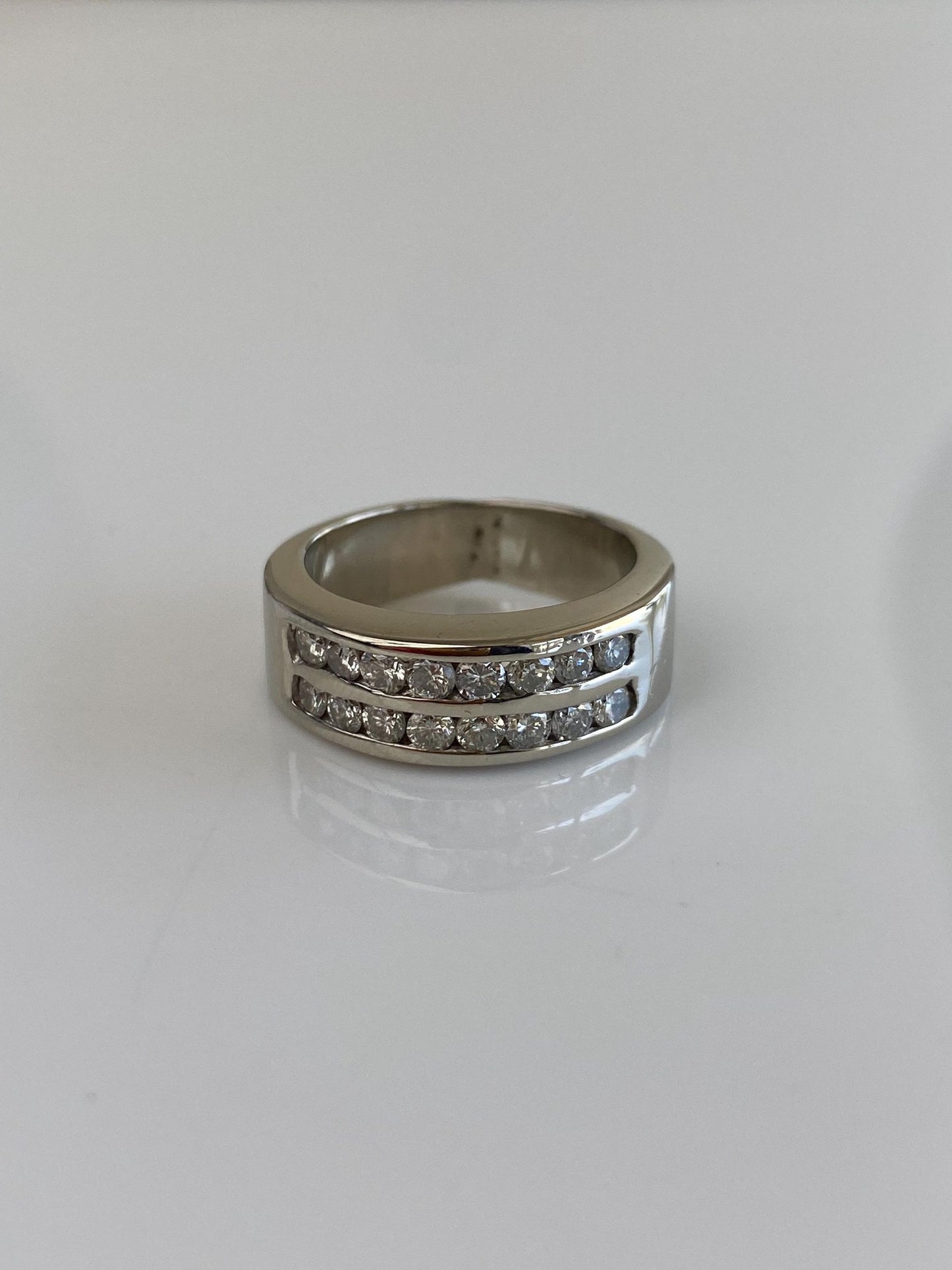 Vintage Solid 14k White Gold Diamond Rows Ring Band - Size 6.5