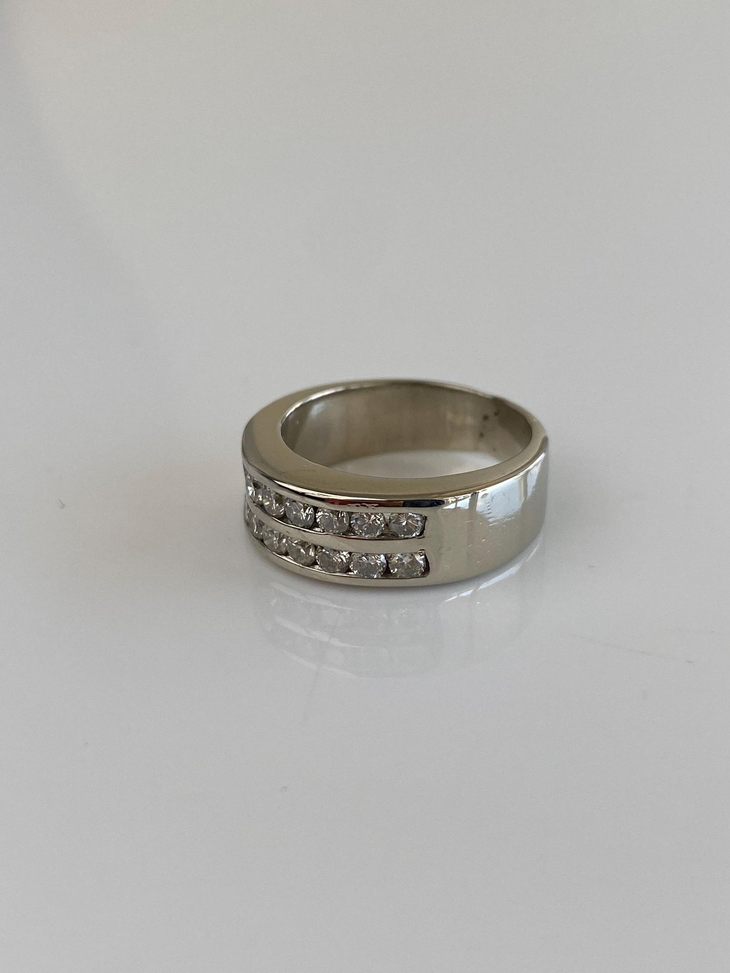 Vintage Solid 14k White Gold Diamond Rows Ring Band - Size 6.5