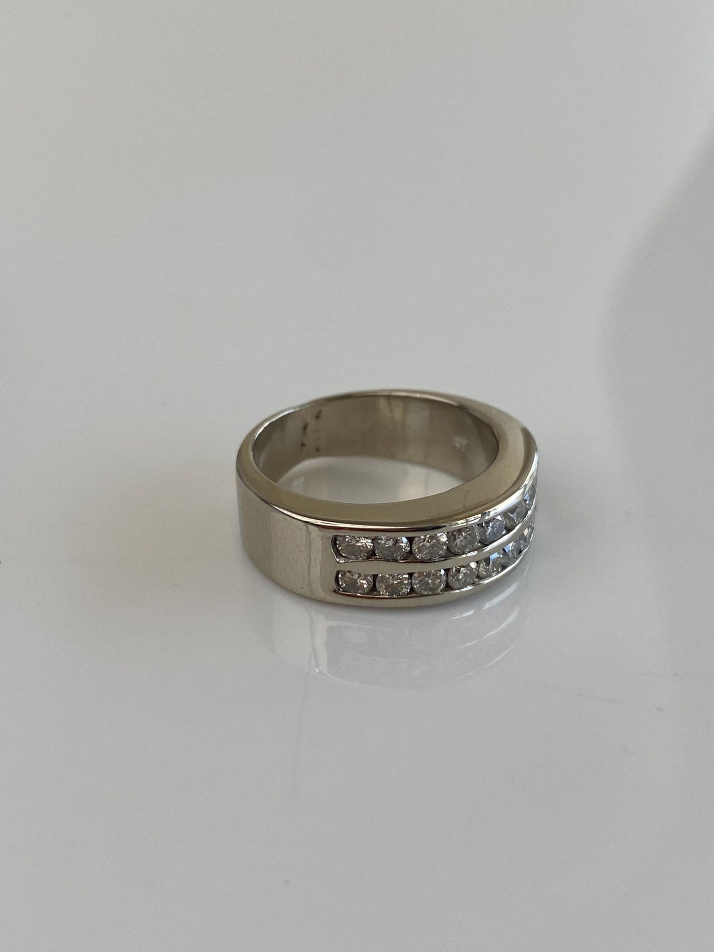 Vintage Solid 14k White Gold Diamond Rows Ring Band - Size 6.5