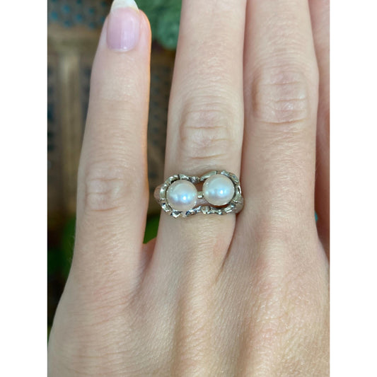 Vintage Solid 14k White Gold Diamond Pearls Ring - Size 4.5