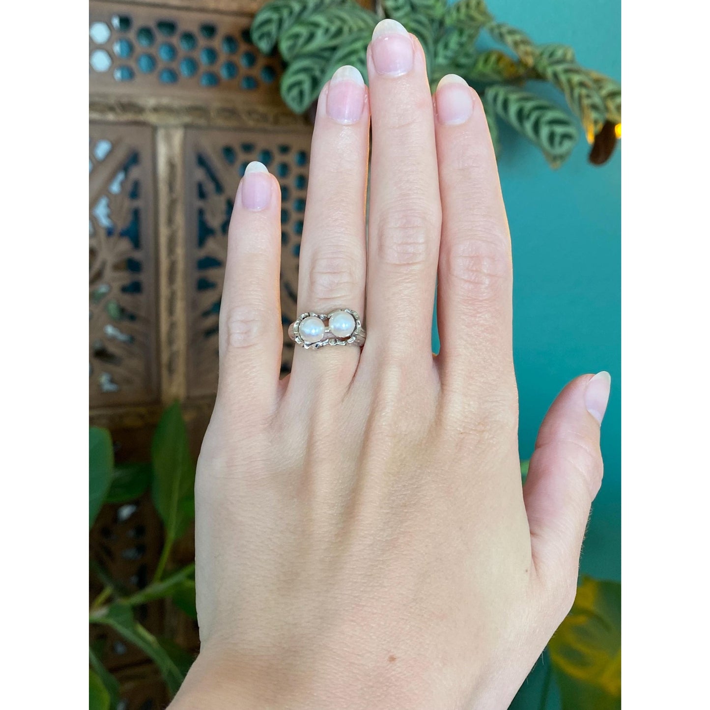 Vintage Solid 14k White Gold Diamond Pearls Ring - Size 4.5