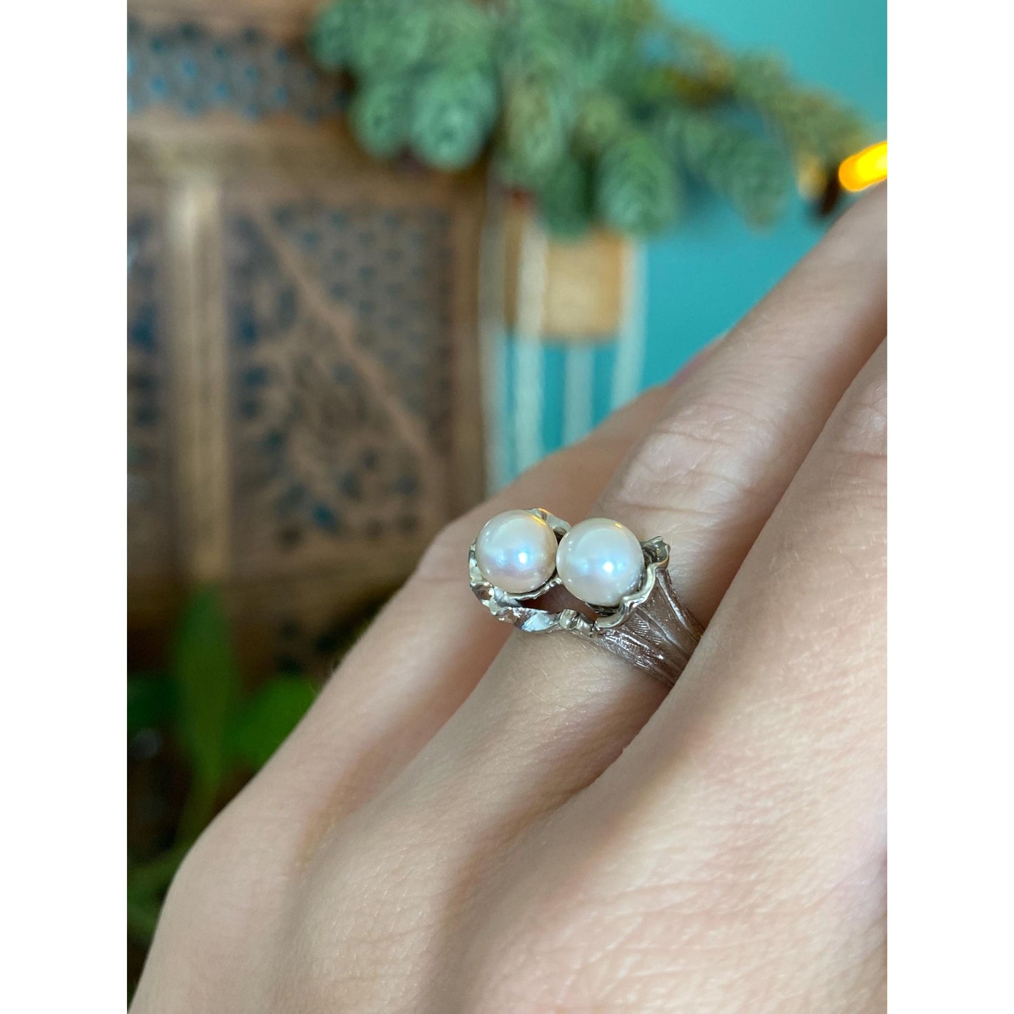 Vintage Solid 14k White Gold Diamond Pearls Ring - Size 4.5