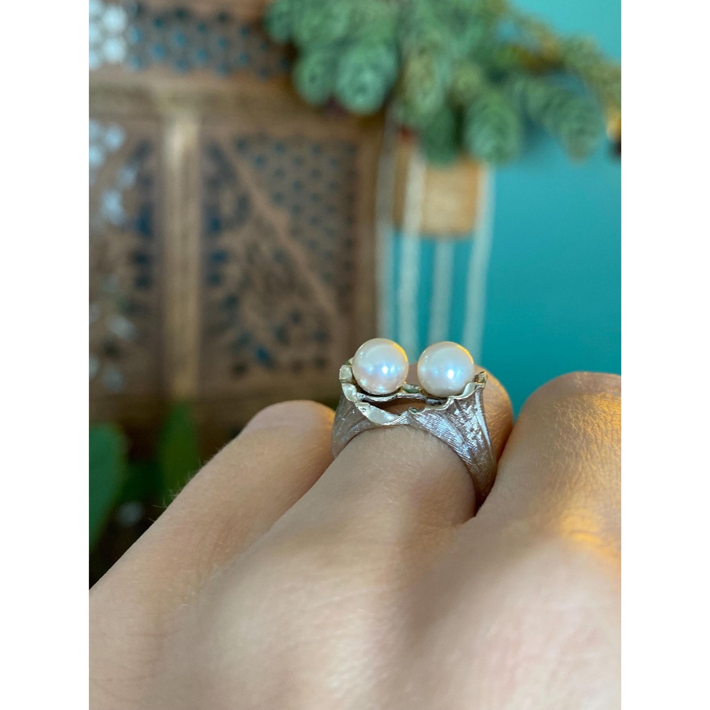 Vintage Solid 14k White Gold Diamond Pearls Ring - Size 4.5