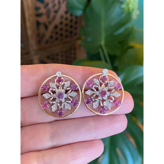 Vintage Solid 14k White & Yellow Gold Diamond Pink Sapphire Snowflake Stud Earrings