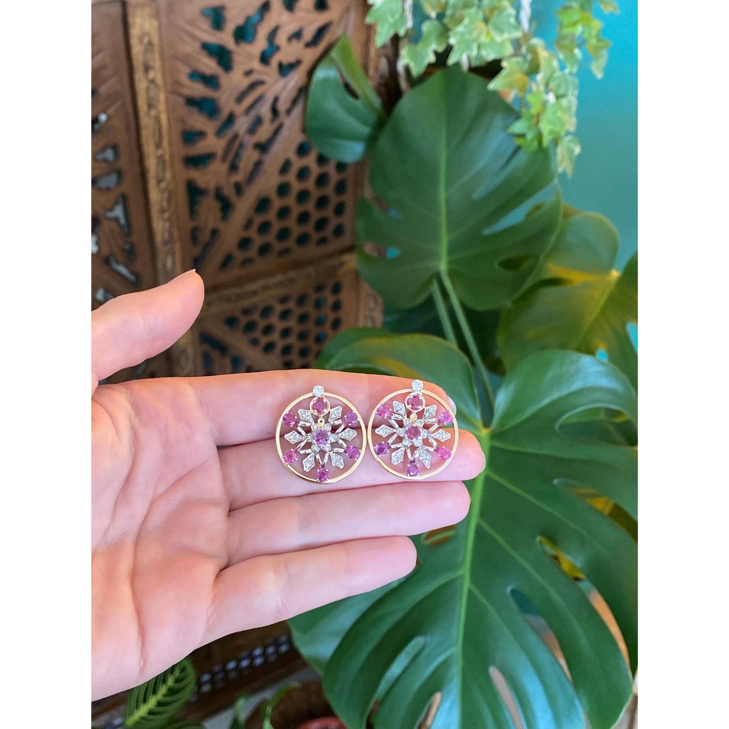 Vintage Solid 14k White & Yellow Gold Diamond Pink Sapphire Snowflake Stud Earrings