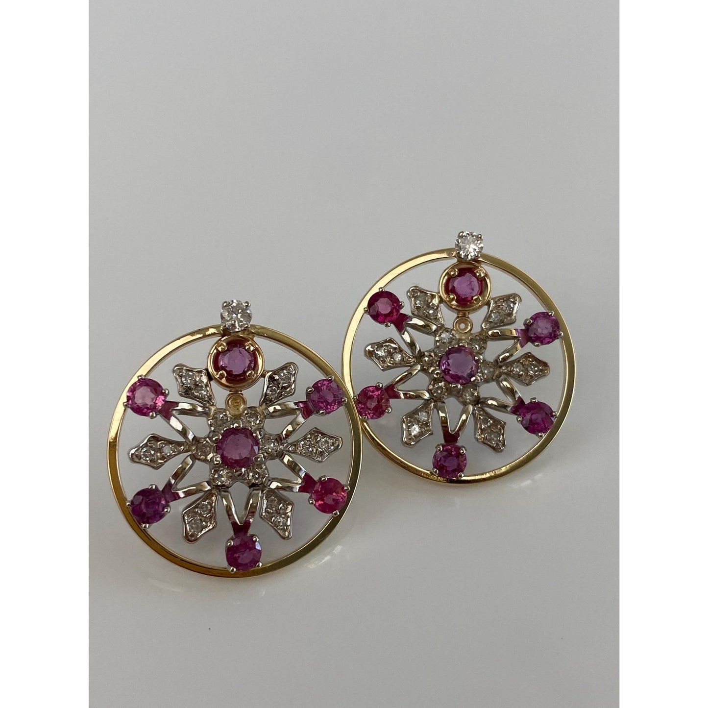 Vintage Solid 14k White & Yellow Gold Diamond Pink Sapphire Snowflake Stud Earrings