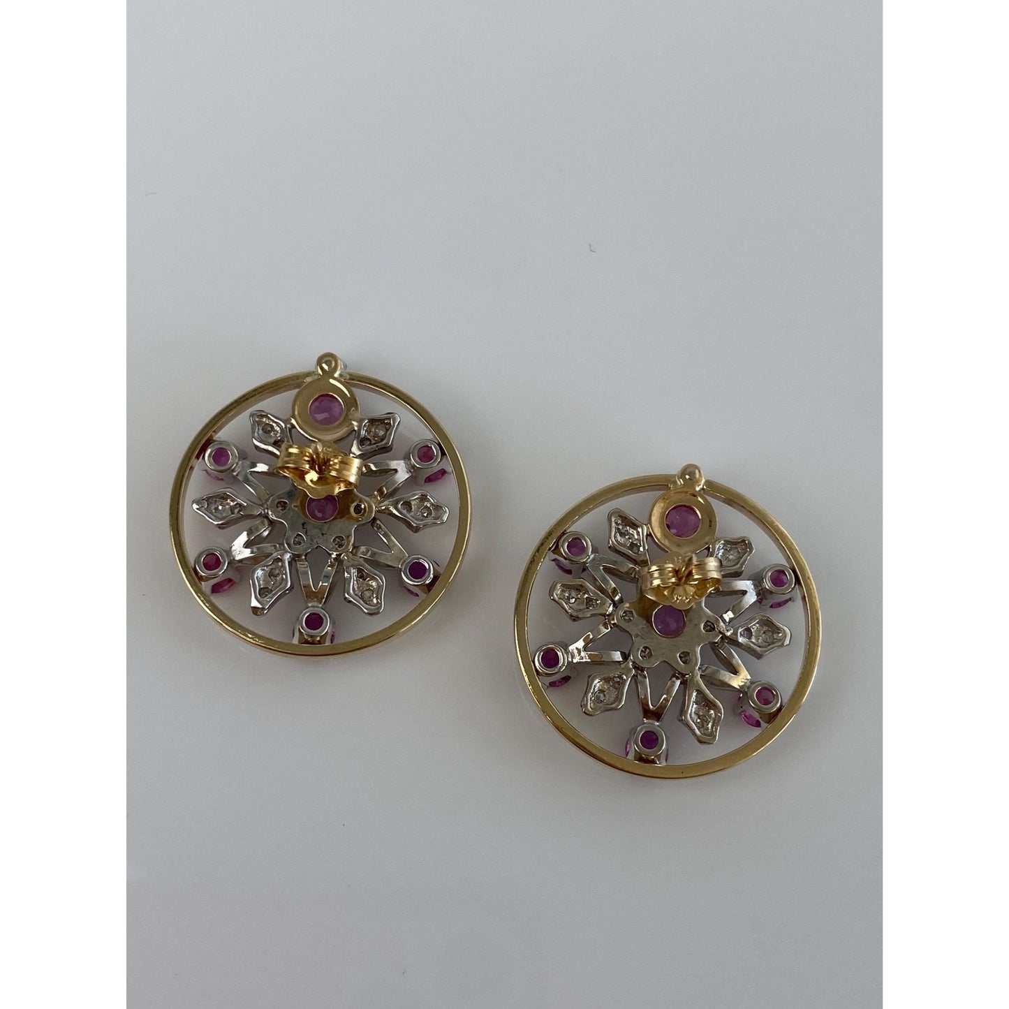 Vintage Solid 14k White & Yellow Gold Diamond Pink Sapphire Snowflake Stud Earrings