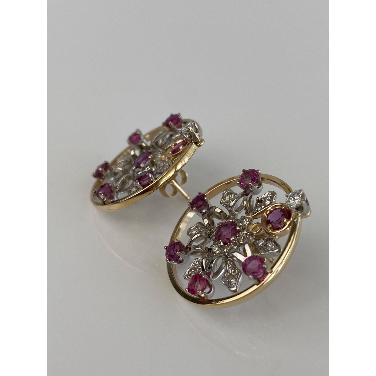 Vintage Solid 14k White & Yellow Gold Diamond Pink Sapphire Snowflake Stud Earrings