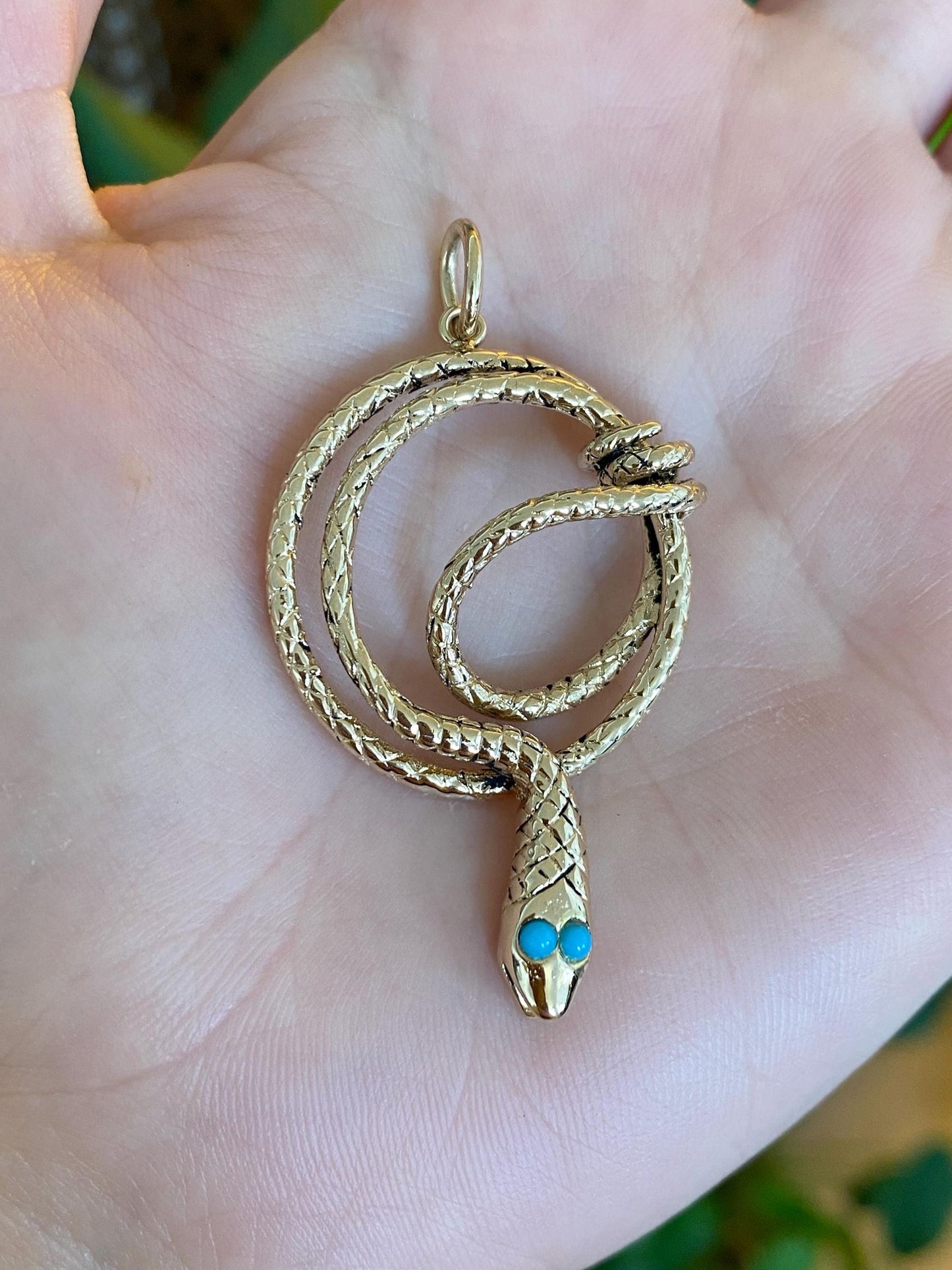 Vintage Solid 14k Yellow Gold Turquoise Eyes Coiled Snake Charm