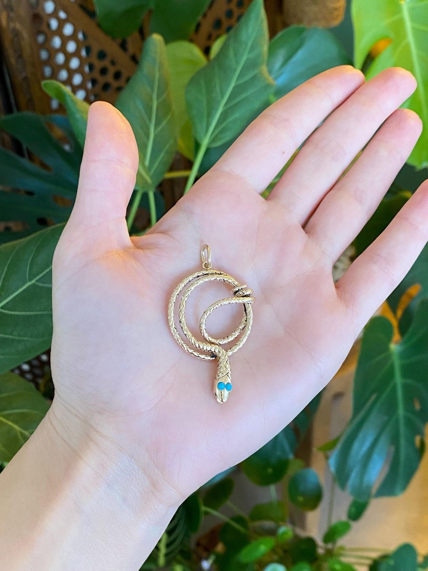 Vintage Solid 14k Yellow Gold Turquoise Eyes Coiled Snake Charm