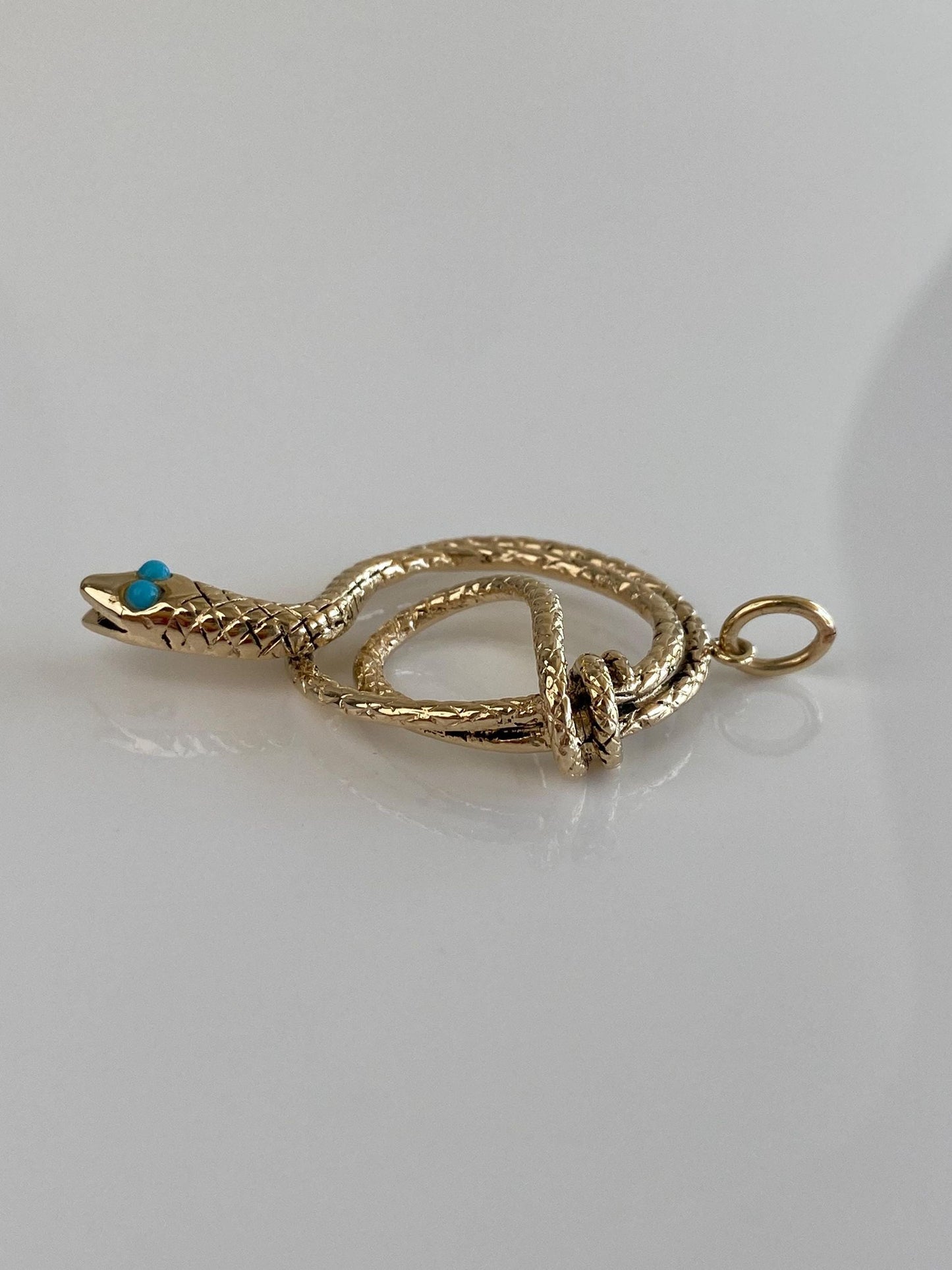Vintage Solid 14k Yellow Gold Turquoise Eyes Coiled Snake Charm