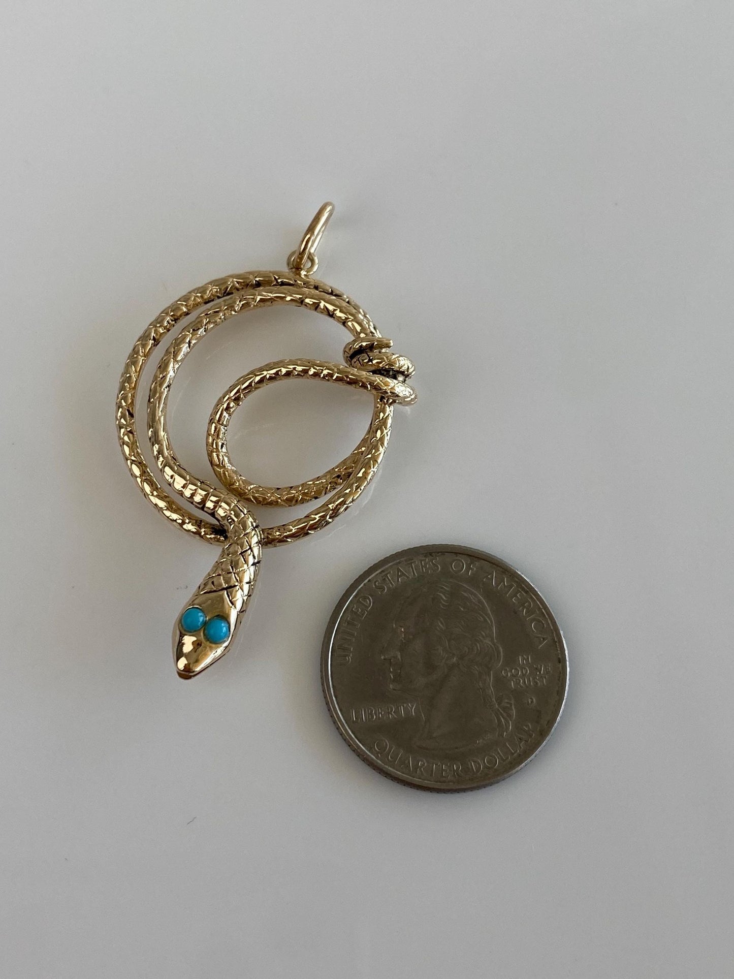 Vintage Solid 14k Yellow Gold Turquoise Eyes Coiled Snake Charm