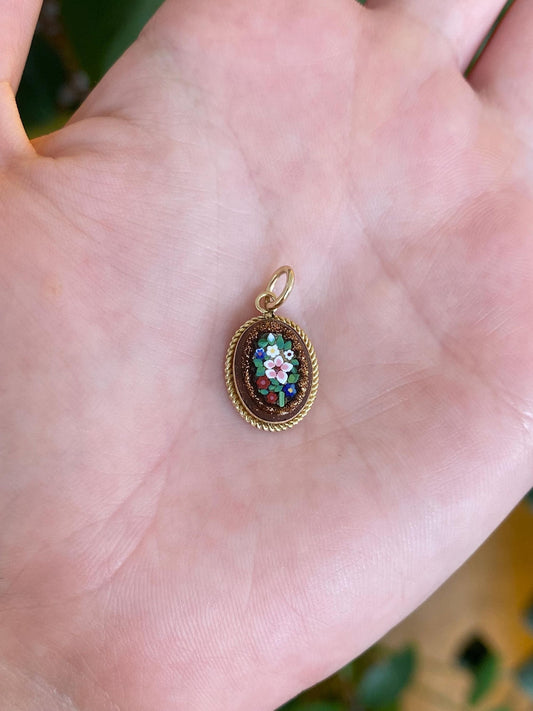 Vintage Solid 10k Yellow Gold Sunstone Mosaic Floral Cufflink Charm