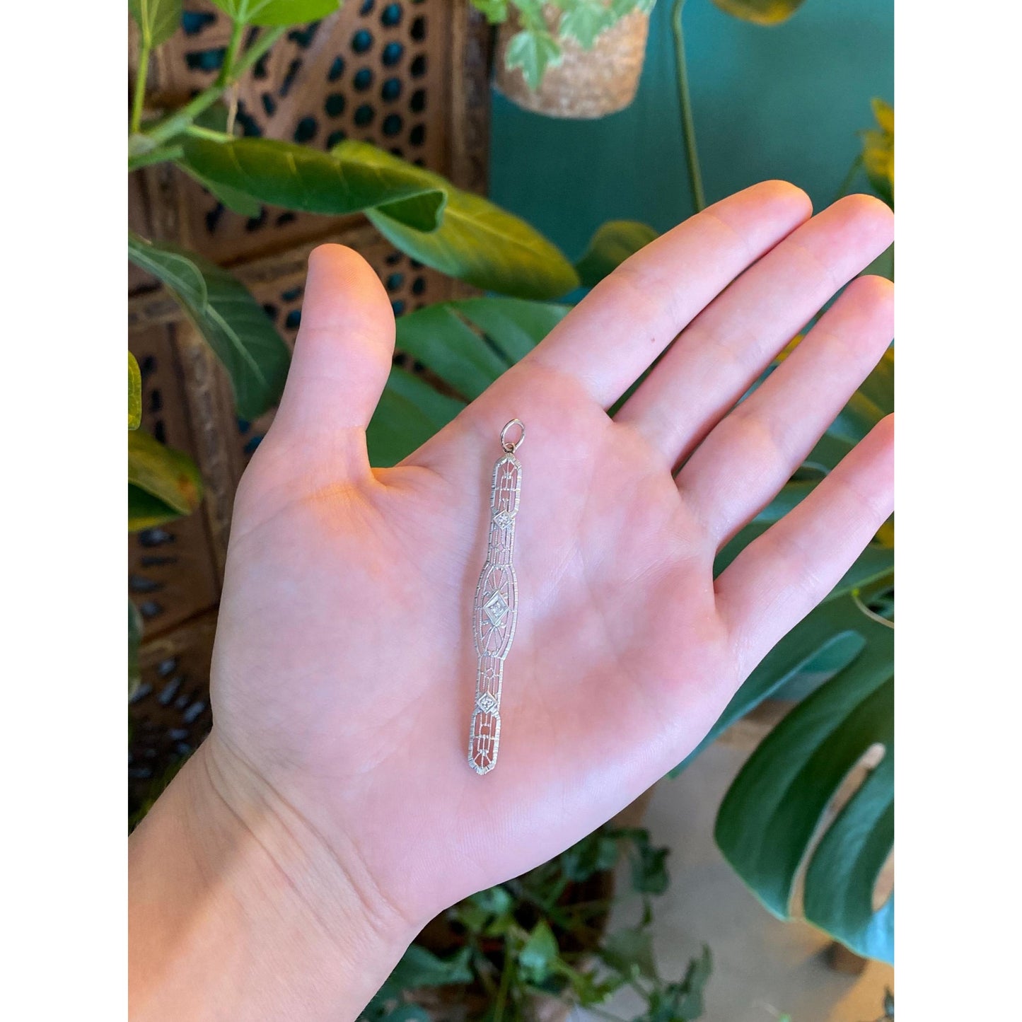 Vintage Solid 14k White Gold Diamond Art Deco Bar Pin Conversion Charm