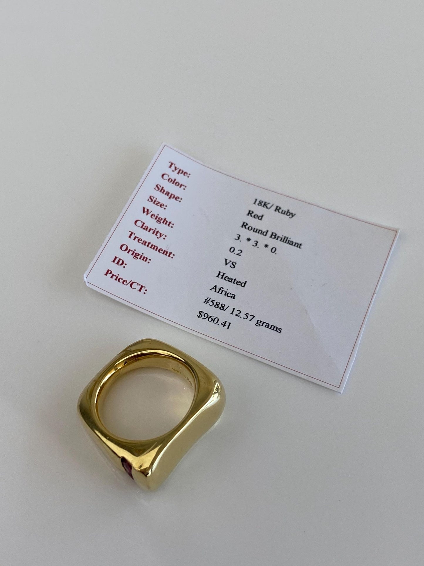 Vintage Solid 18k Yellow Gold Ruby Square Ring Band - Size 5