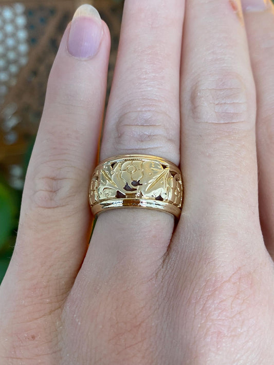 Vintage Solid 14k Yellow Gold Wide Floral Open Work Ring Band - Size 4.75