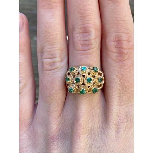 Vintage Solid 10k Yellow Gold Emerald Cluster Cocktail Ring - Size 7.75