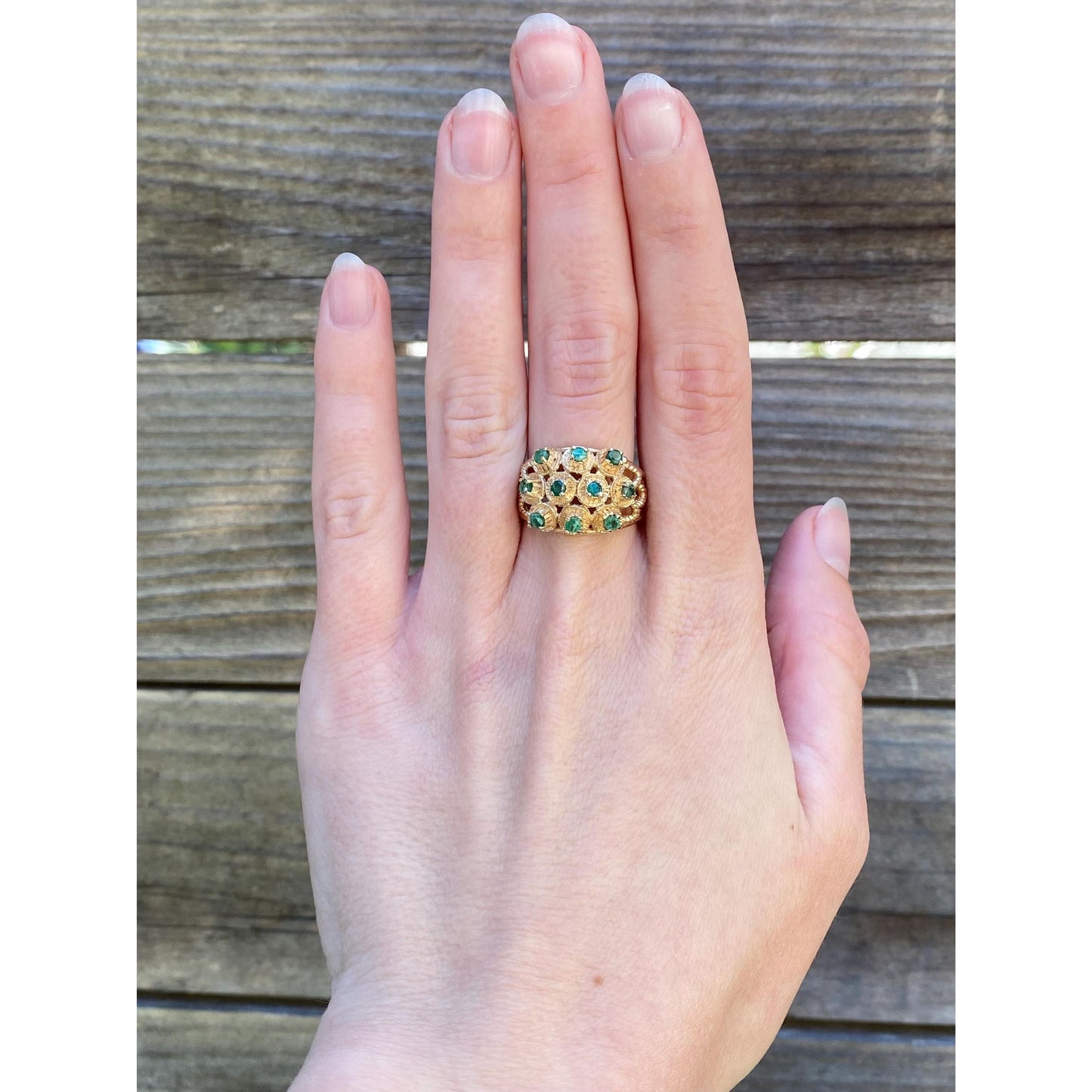 Vintage Solid 10k Yellow Gold Emerald Cluster Cocktail Ring - Size 7.75