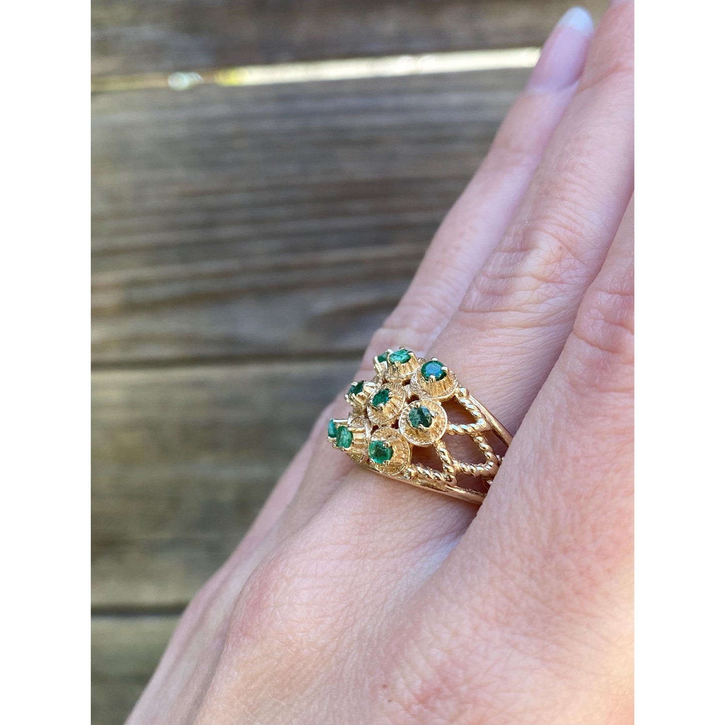 Vintage Solid 10k Yellow Gold Emerald Cluster Cocktail Ring - Size 7.75