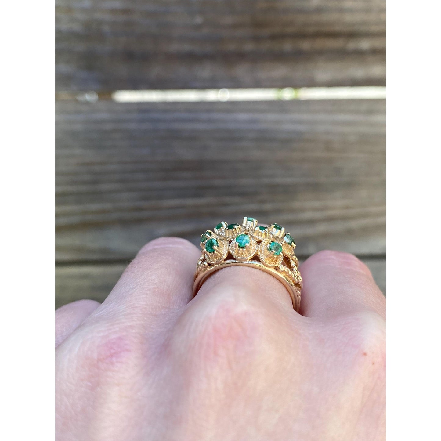 Vintage Solid 10k Yellow Gold Emerald Cluster Cocktail Ring - Size 7.75