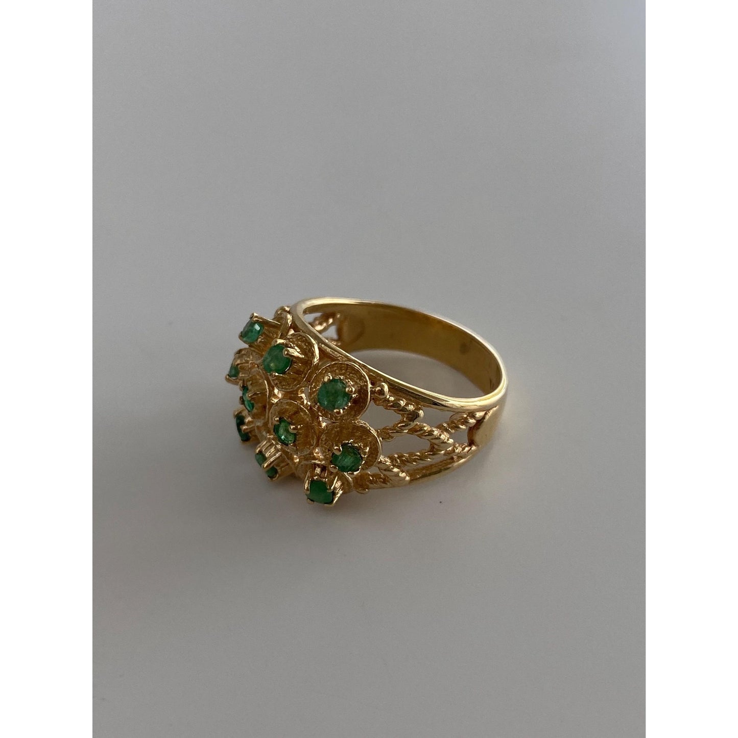 Vintage Solid 10k Yellow Gold Emerald Cluster Cocktail Ring - Size 7.75