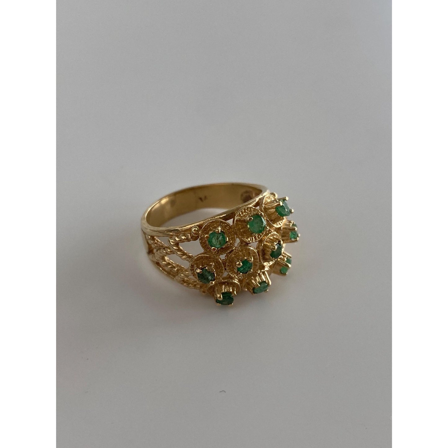 Vintage Solid 10k Yellow Gold Emerald Cluster Cocktail Ring - Size 7.75