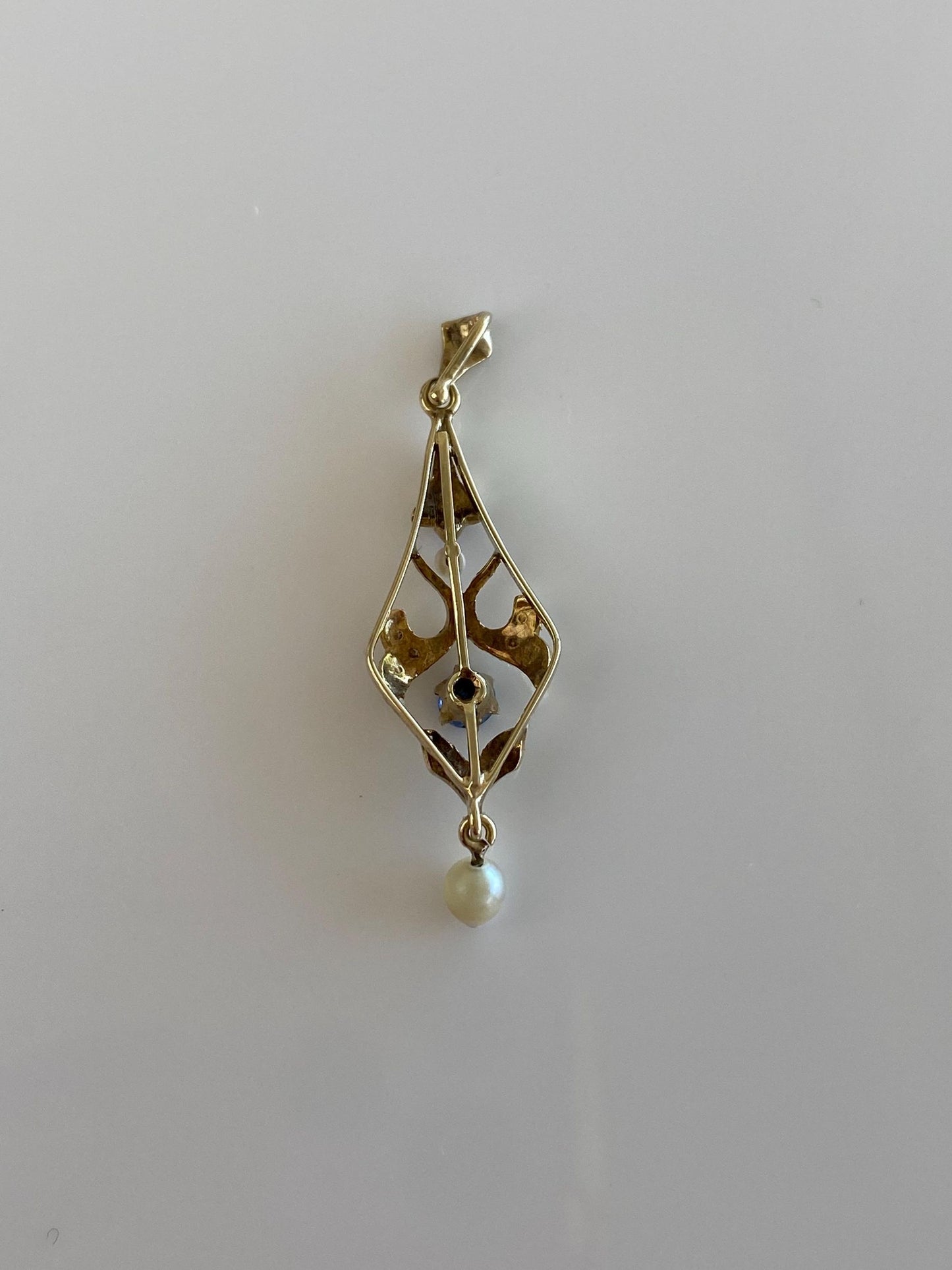 Vintage Solid 14k Yellow Gold Blue Sapphire Seed Pearls Pearl Dangle Charm