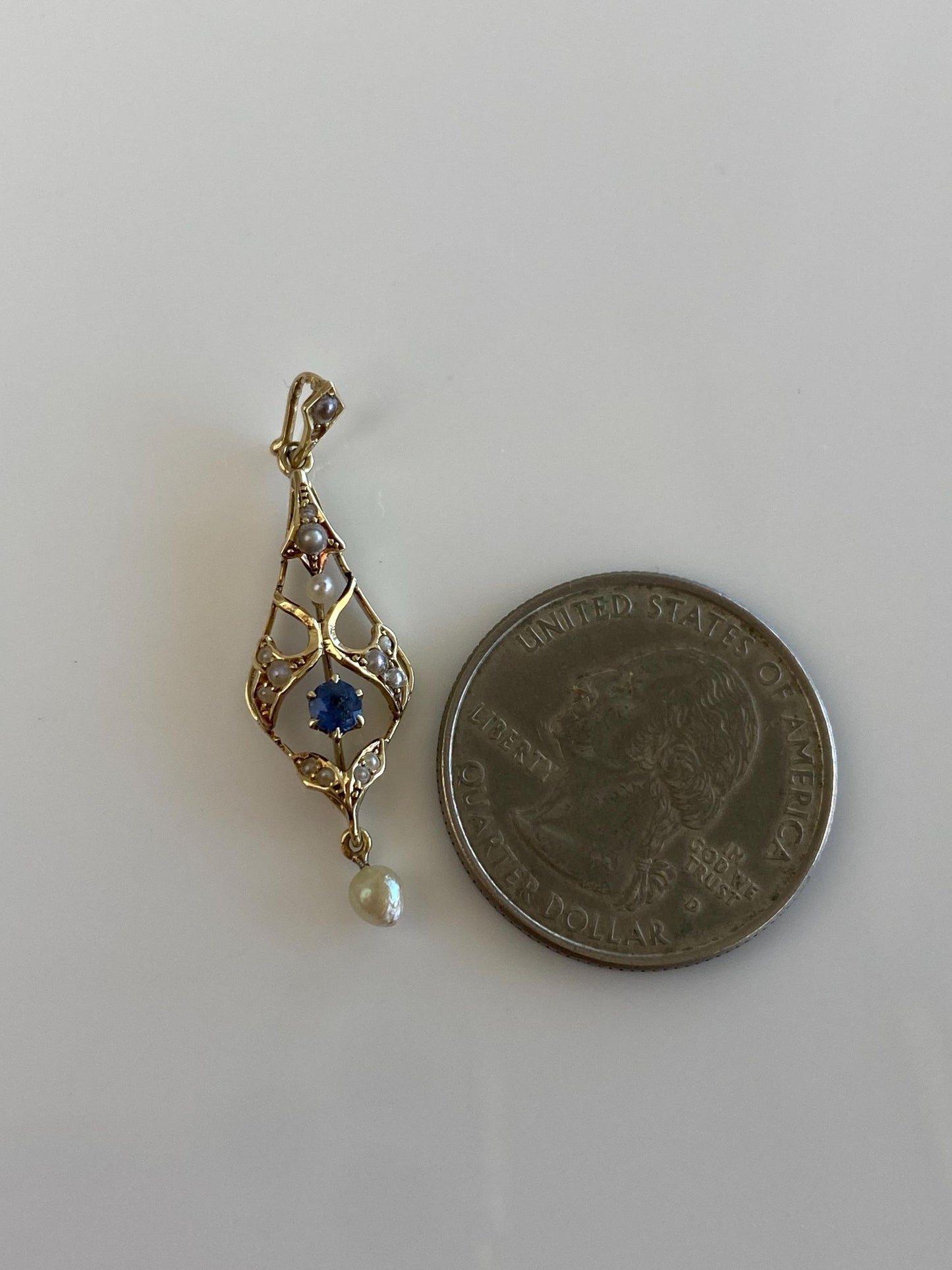 Vintage Solid 14k Yellow Gold Blue Sapphire Seed Pearls Pearl Dangle Charm