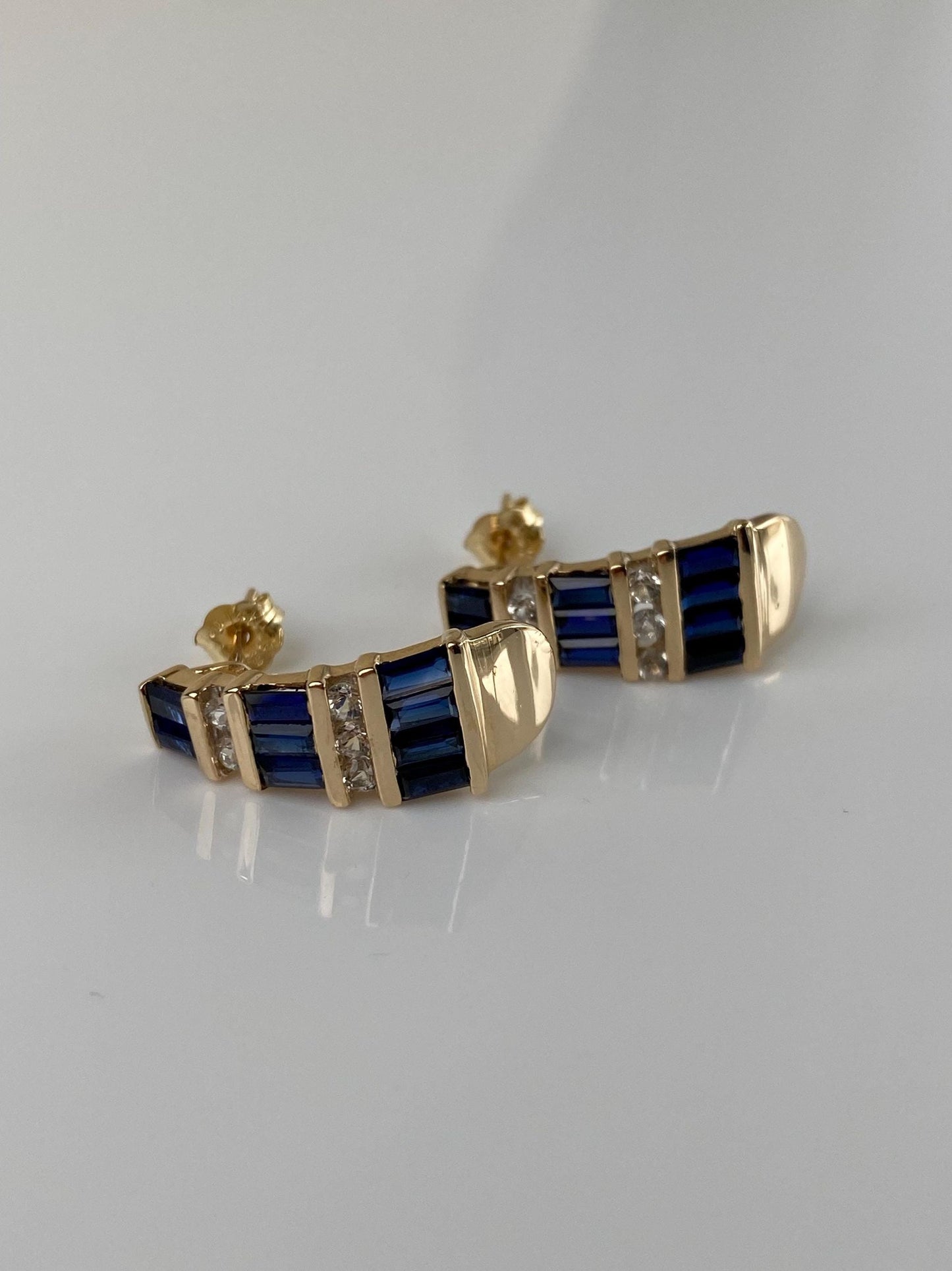 Vintage Solid 14k Yellow Gold Clear Spinel Blue Sapphire Drop Earrings