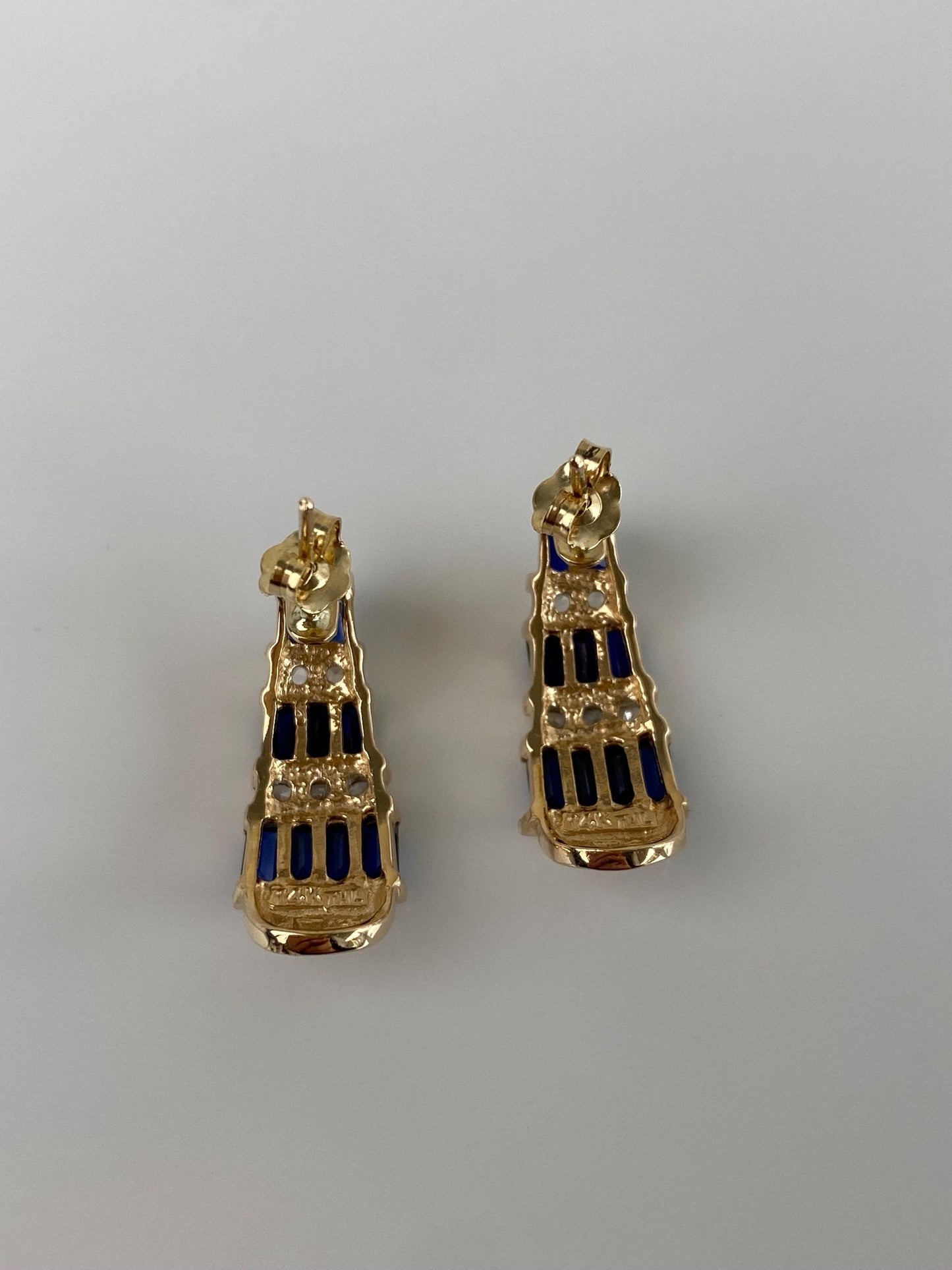 Vintage Solid 14k Yellow Gold Clear Spinel Blue Sapphire Drop Earrings