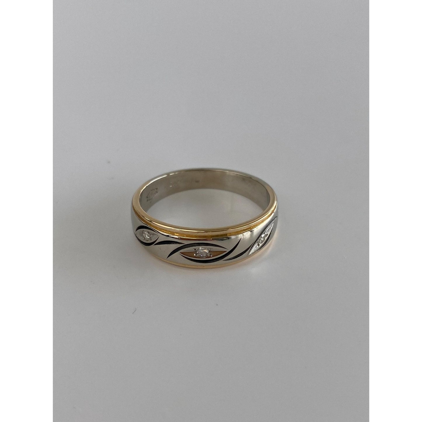 Vintage Solid 14k White & Yellow Gold Diamond Ring Band - Size 10.75