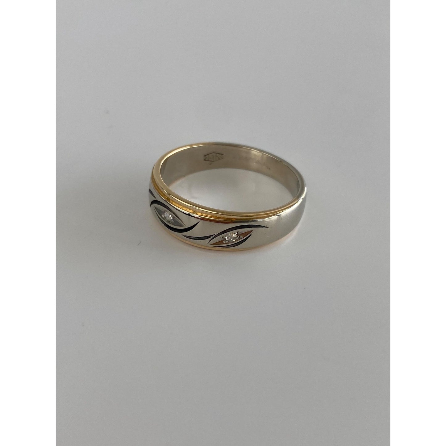 Vintage Solid 14k White & Yellow Gold Diamond Ring Band - Size 10.75