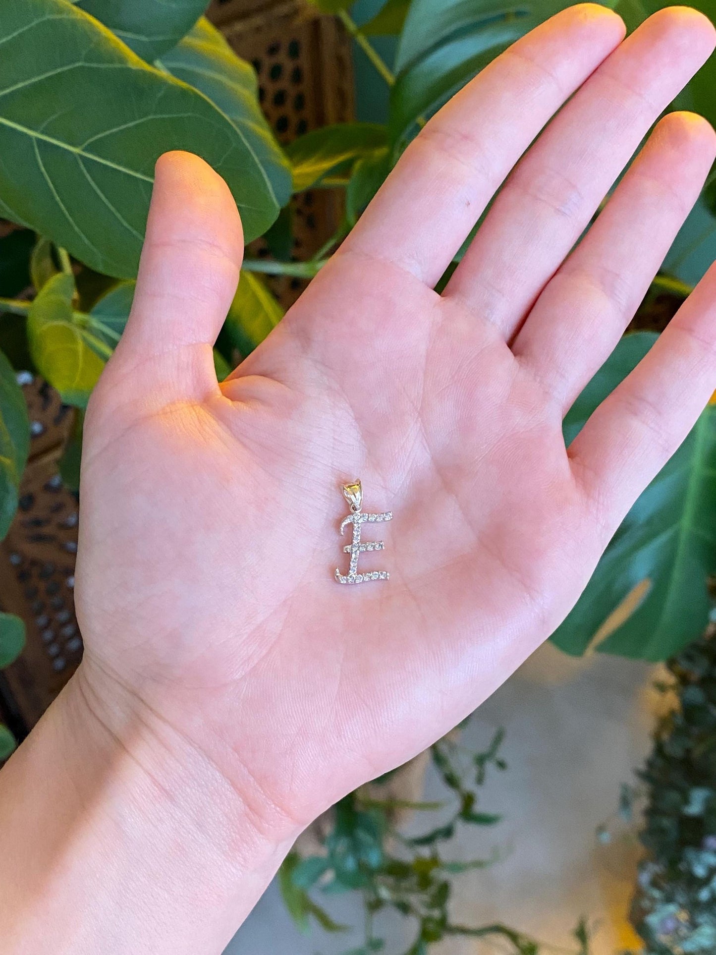 Vintage Solid 14k White Gold Cubic Zirconia Initial 'E' Charm