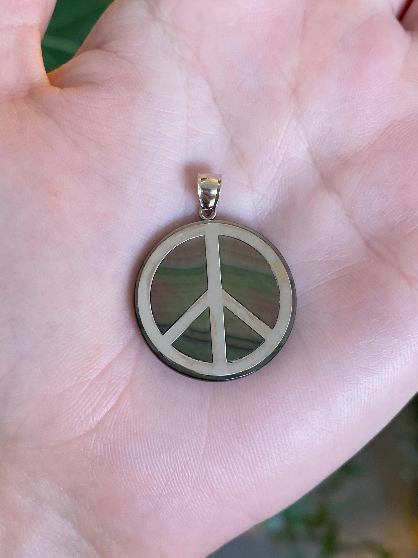 Vintage Solid 14k White Gold Abalone Peace Sign Charm